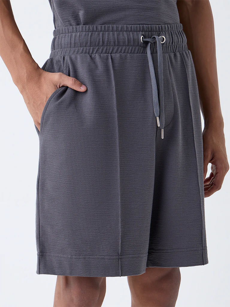 Studiofit Dark Grey Textured Relaxed-Fit Mid-Rise Cotton-Blend Shorts - Image 4