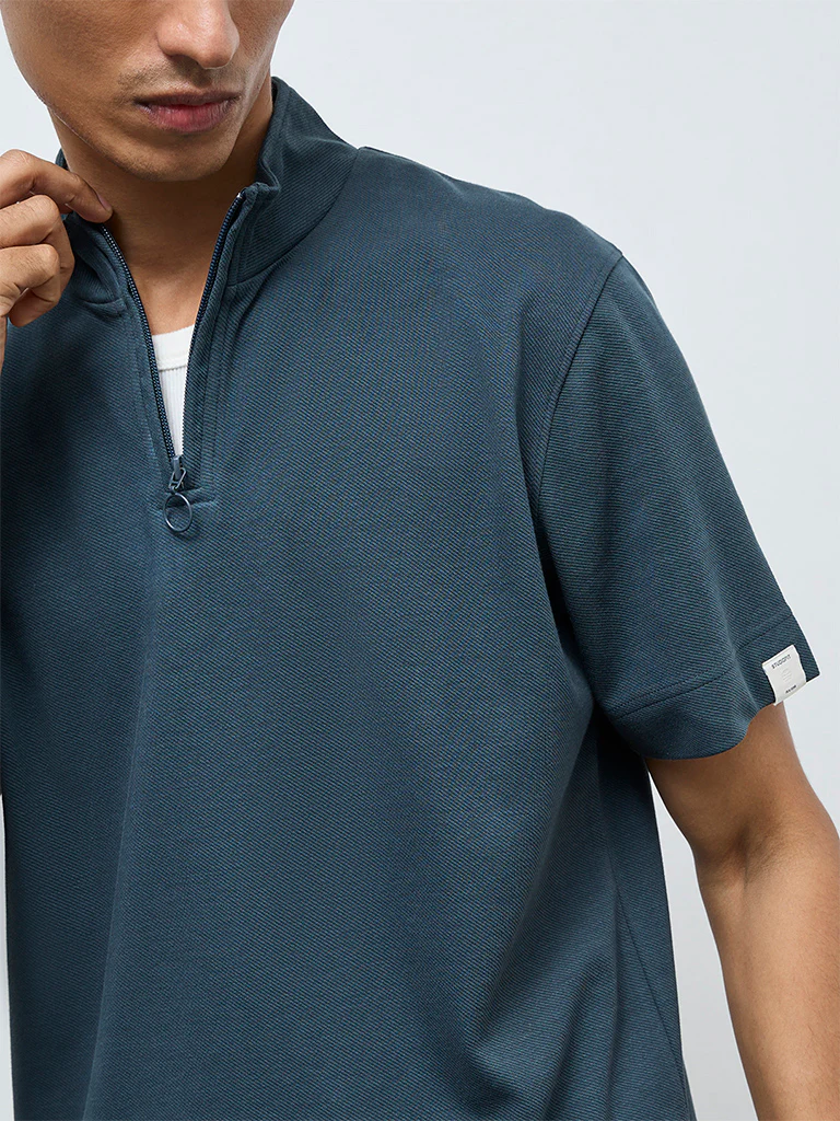 Studiofit Dark Teal Quarter-Zip Relaxed-Fit Cotton-Blend T-Shirt - Image 3
