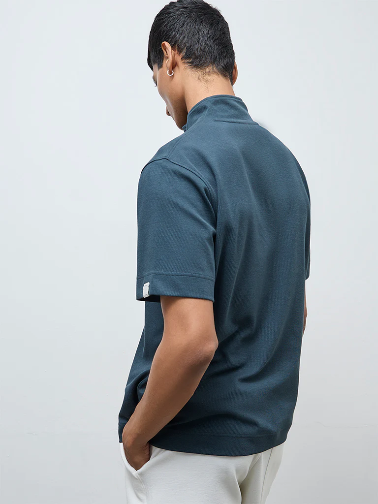 Studiofit Dark Teal Quarter-Zip Relaxed-Fit Cotton-Blend T-Shirt - Image 4