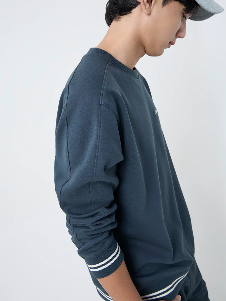 Studiofit Dark Teal Text Design Relaxed-Fit Sweatshirt - Image 4