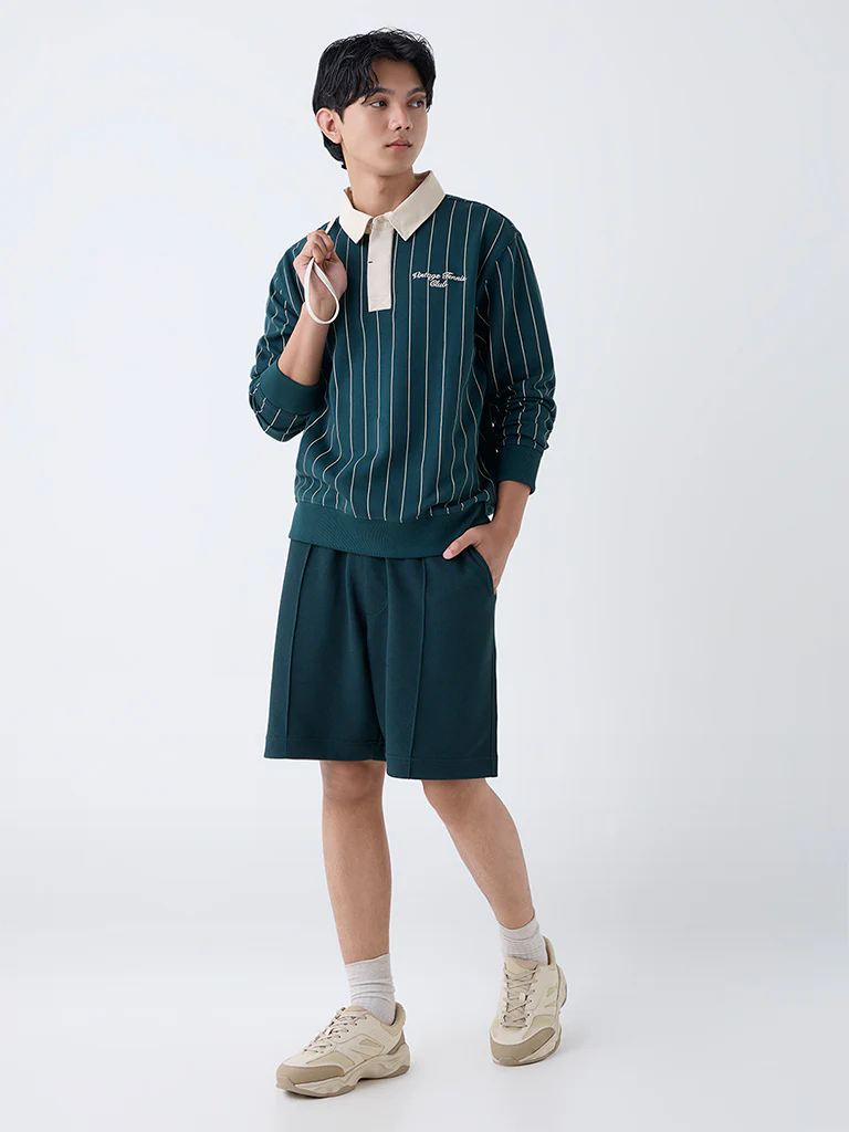 Studiofit Green Solid Relaxed-Fit Mid-Rise Cotton-Blend Shorts