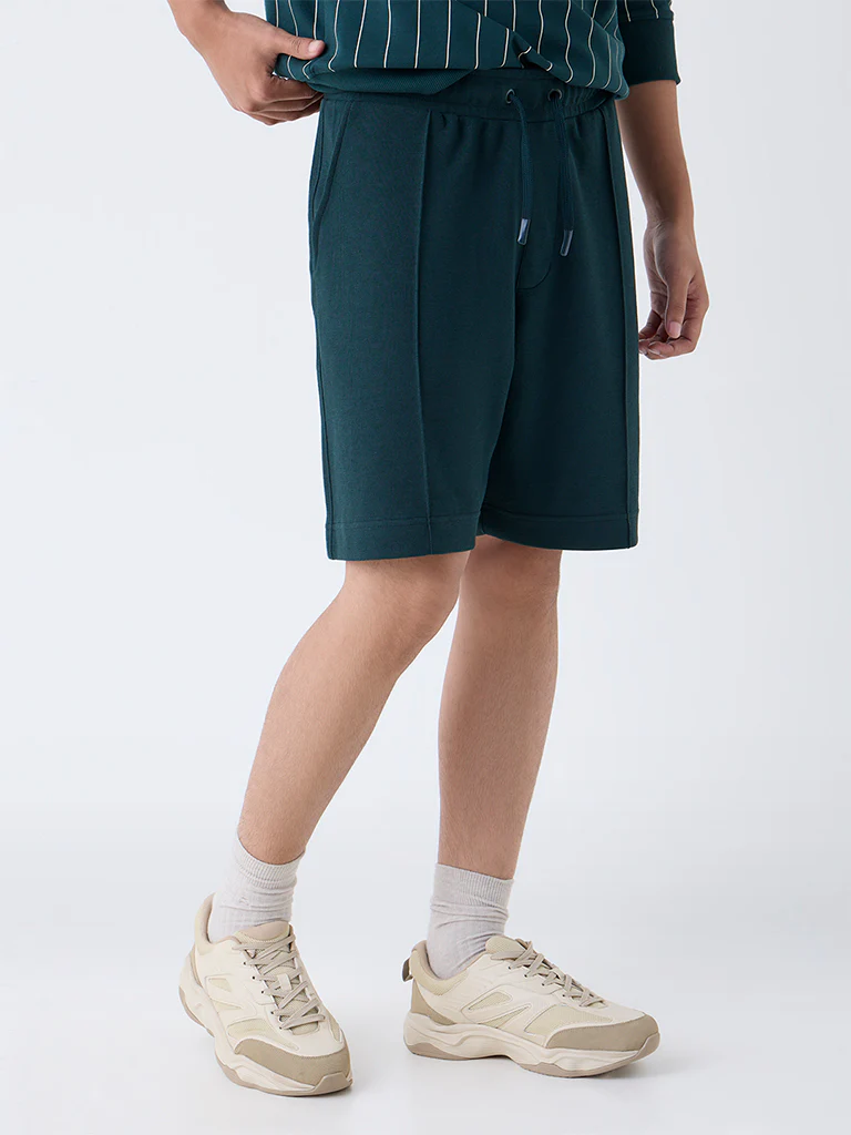 Studiofit Green Solid Relaxed-Fit Mid-Rise Cotton-Blend Shorts - Image 3