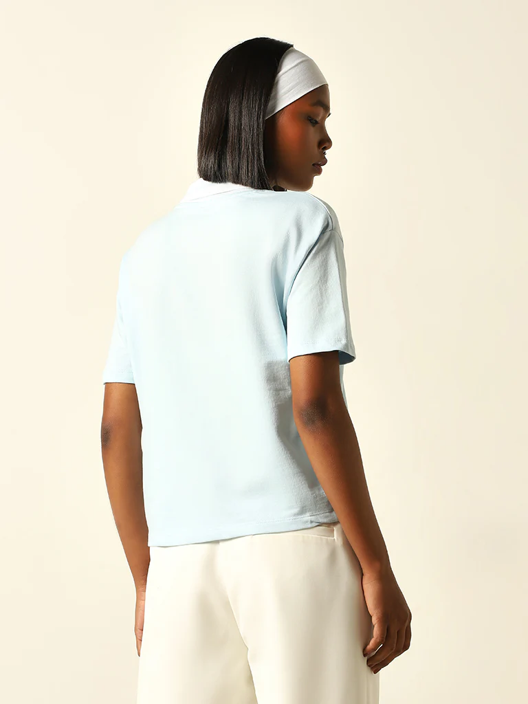 Studiofit Light Blue Text Design Collared Cotton T-Shirt - Image 4
