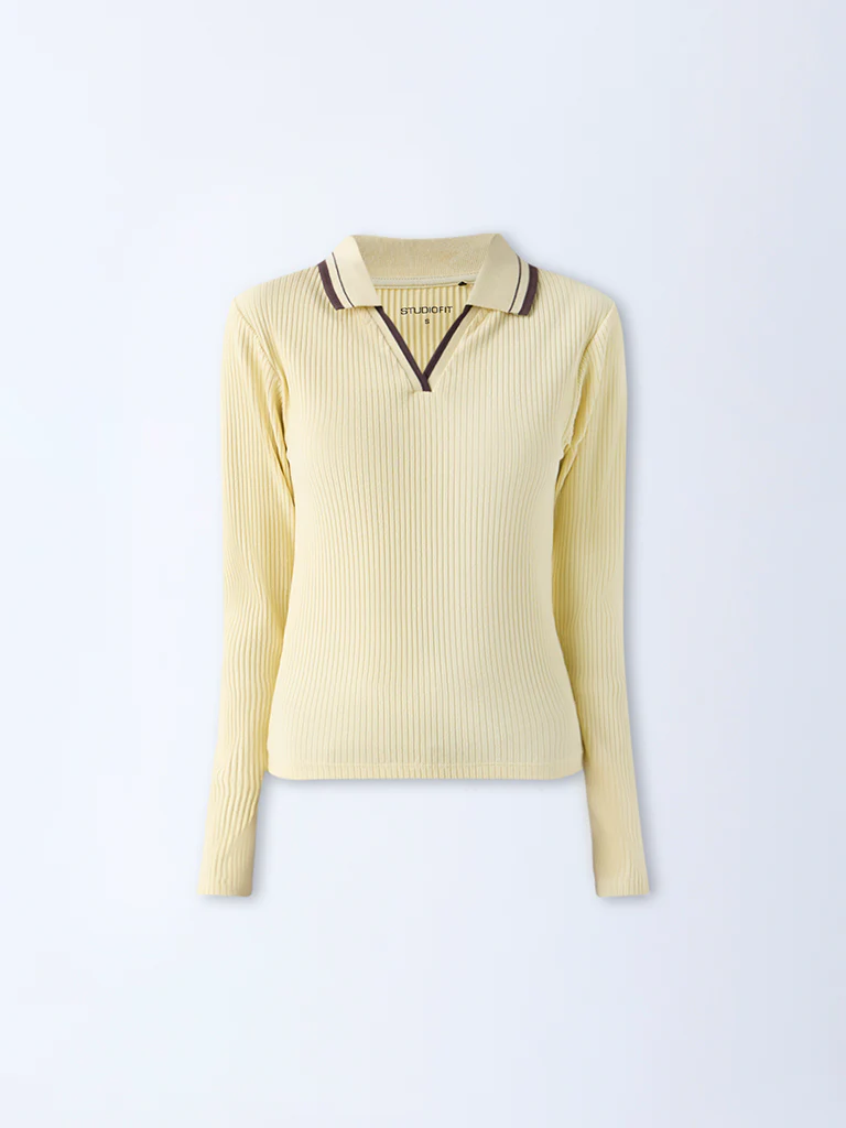 Studiofit Light Yellow Ribbed Cotton-Blend T-Shirt - Image 5
