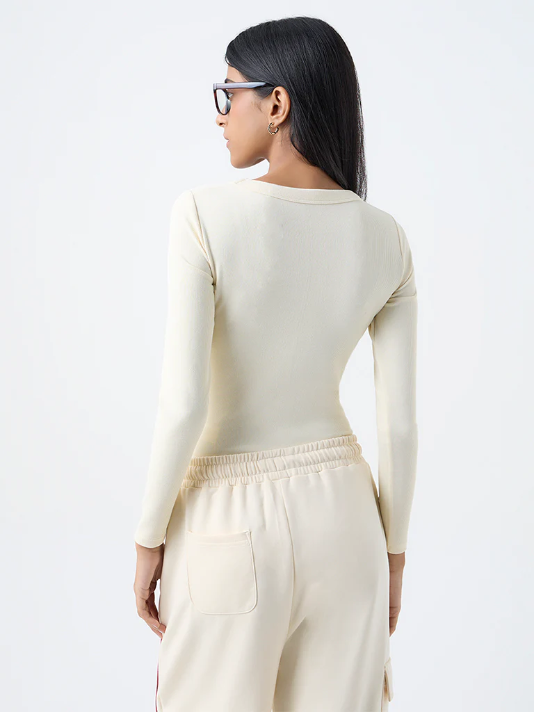Studiofit Light Yellow Ribbed-Textured Bodysuit - Image 4