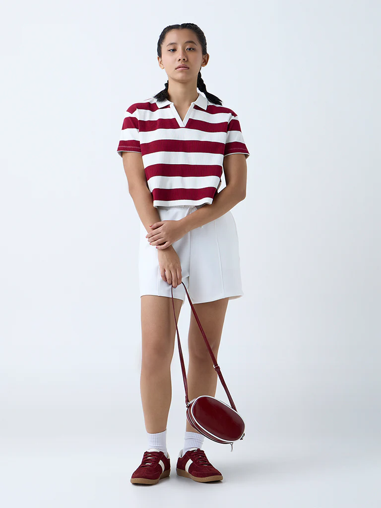 Studiofit Maroon Striped Cotton-Blend Polo T-Shirt - Image 2
