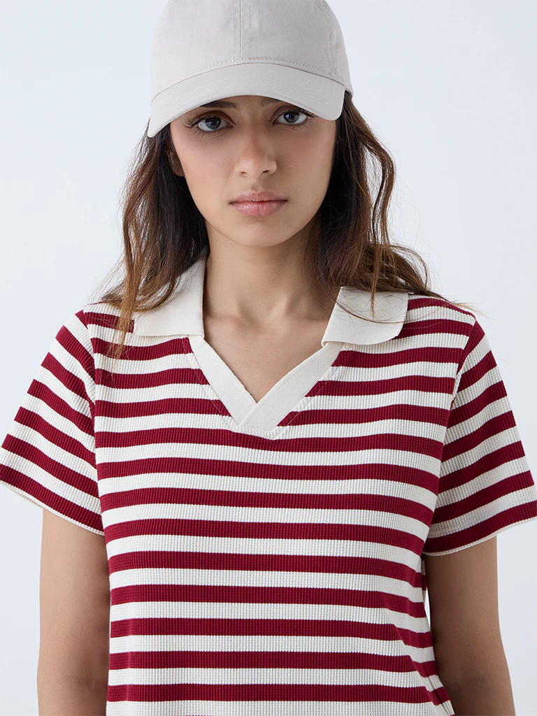 Studiofit Maroon Striped Cotton-Blend T-Shirt - Image 3