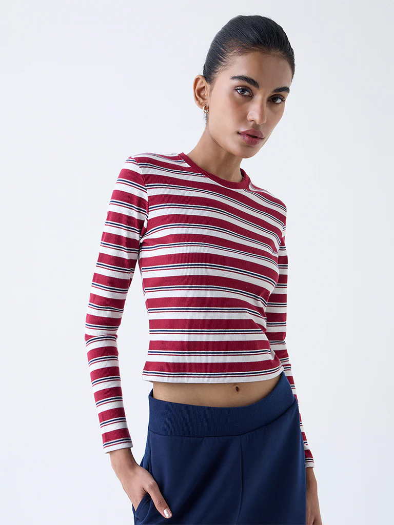 Studiofit Maroon Striped Cotton-Blend T-Shirt