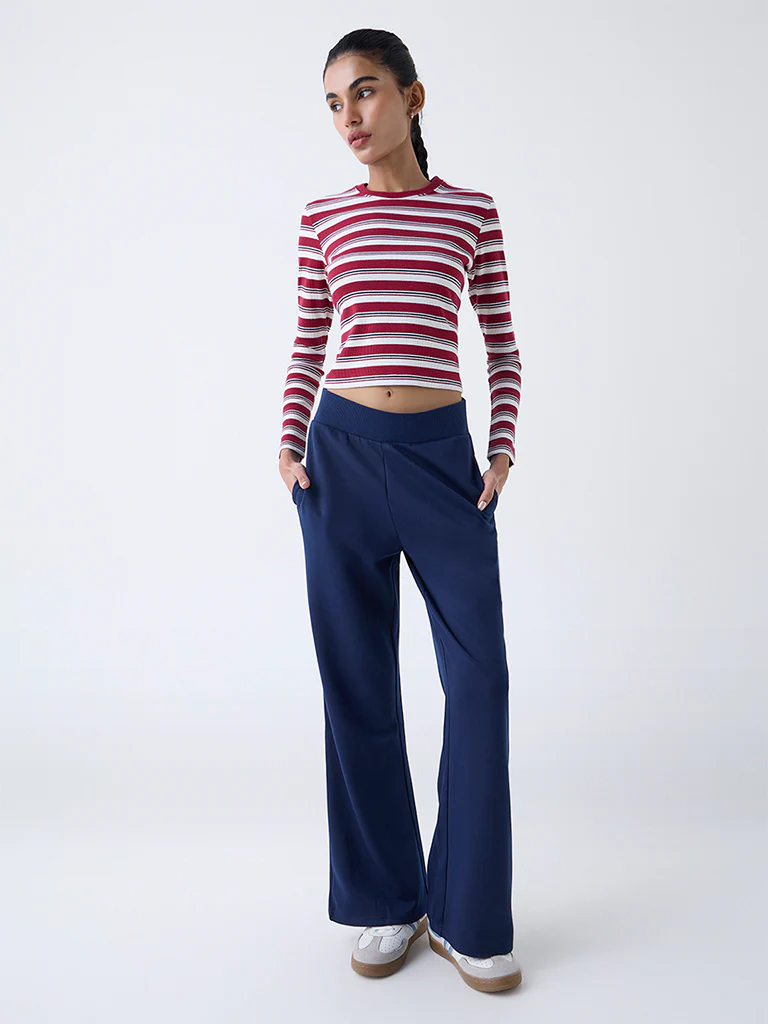 Studiofit Maroon Striped Cotton-Blend T-Shirt - Image 2
