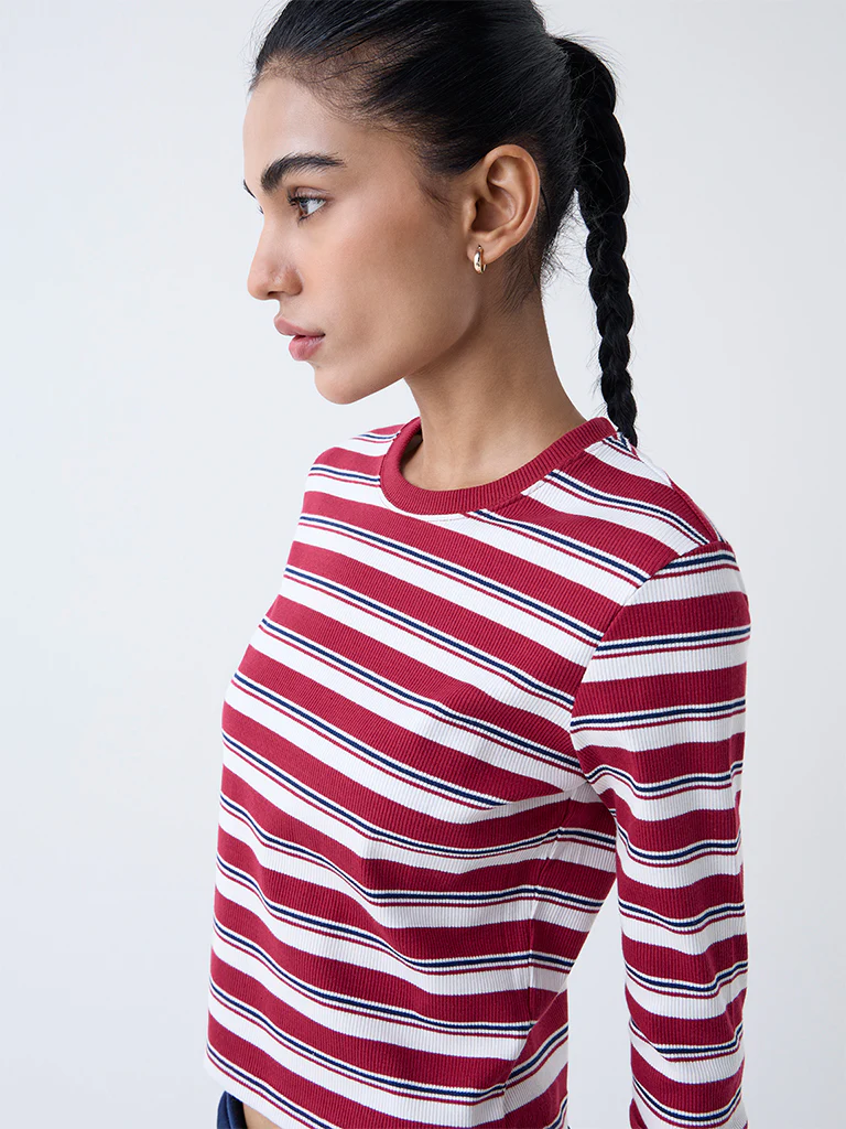 Studiofit Maroon Striped Cotton-Blend T-Shirt - Image 3