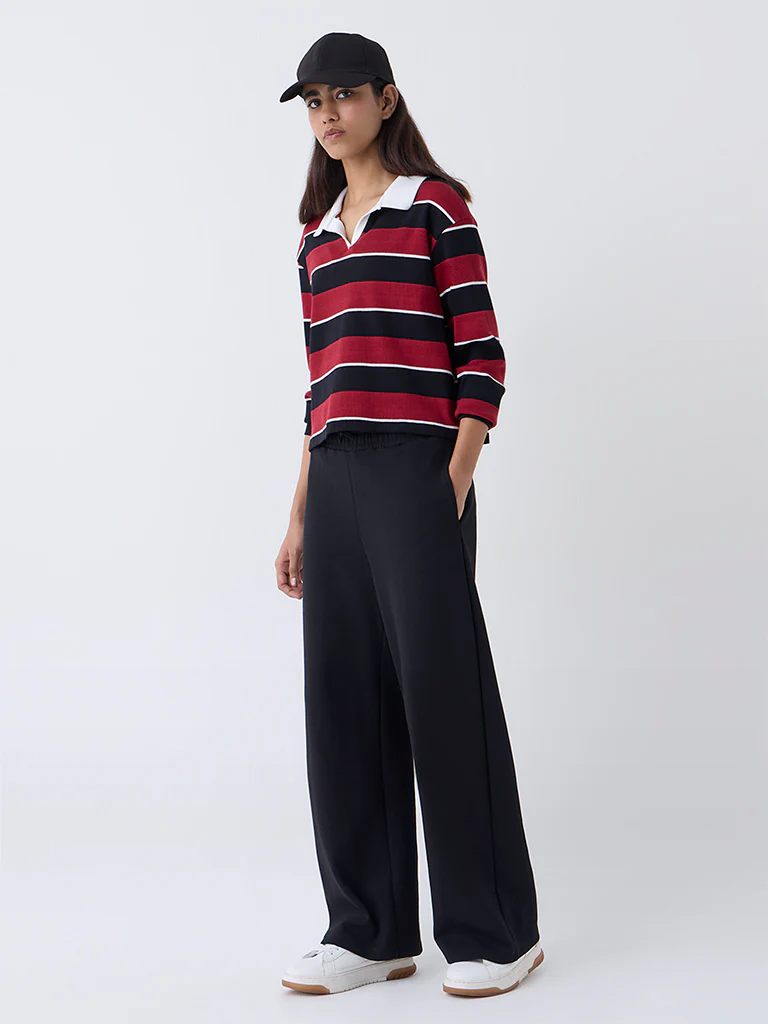 Studiofit Maroon Striped Cotton-Blend T-Shirt