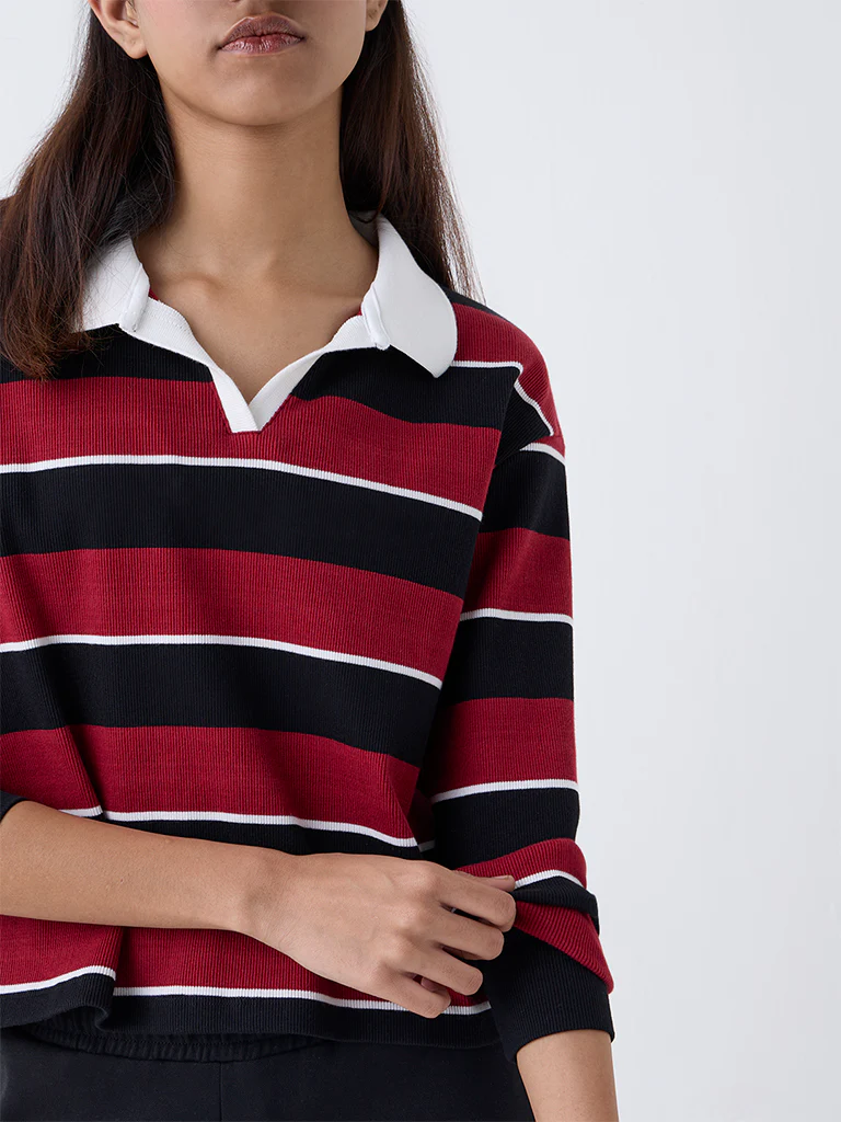 Studiofit Maroon Striped Cotton-Blend T-Shirt - Image 3