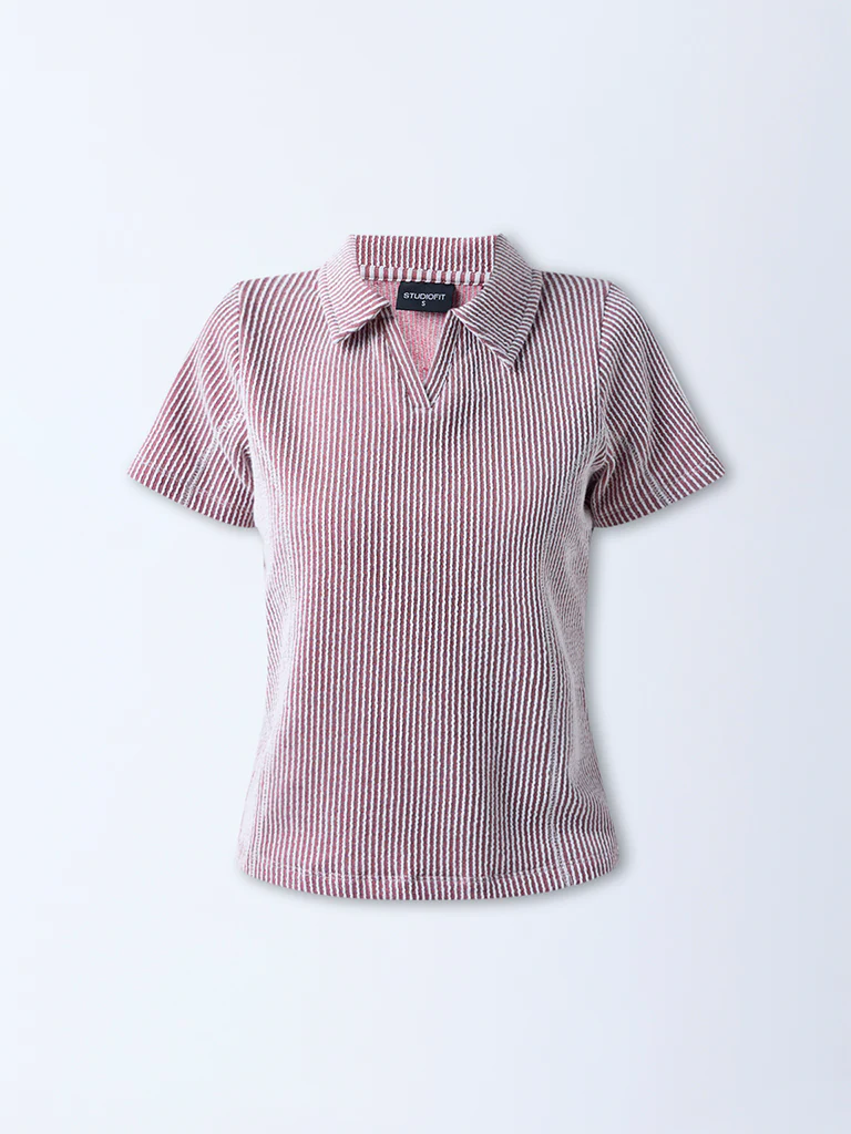 Studiofit Maroon Striped Cotton-Blend T-Shirt - Image 5