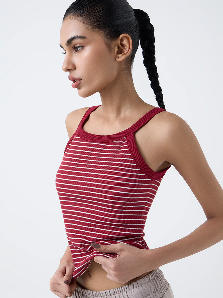 Studiofit Maroon Striped Cotton-Blend Tank Top - Image 3