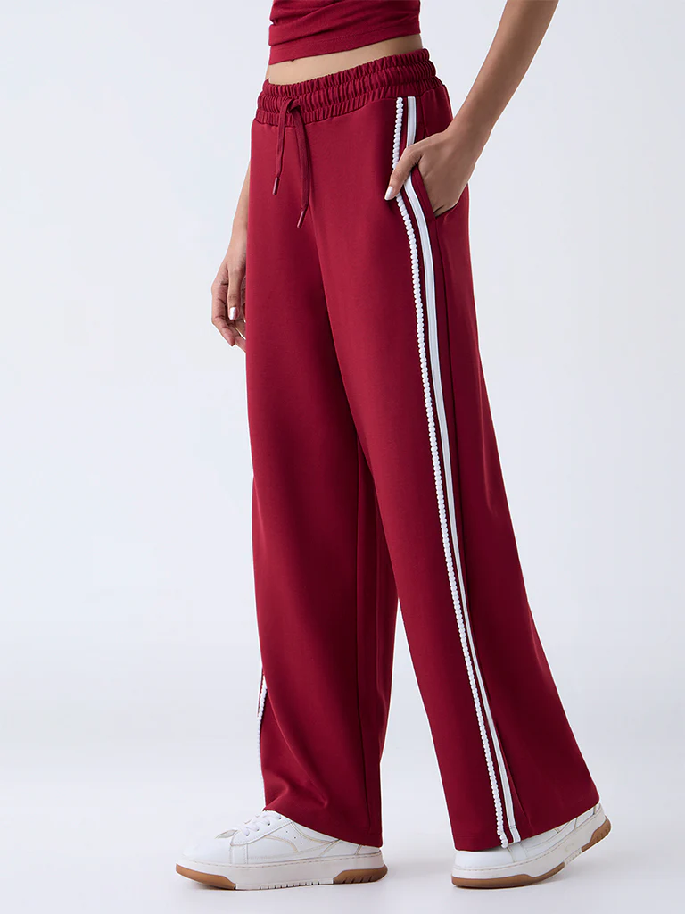 Studiofit Maroon Striped High-Rise Track Pants - Image 2