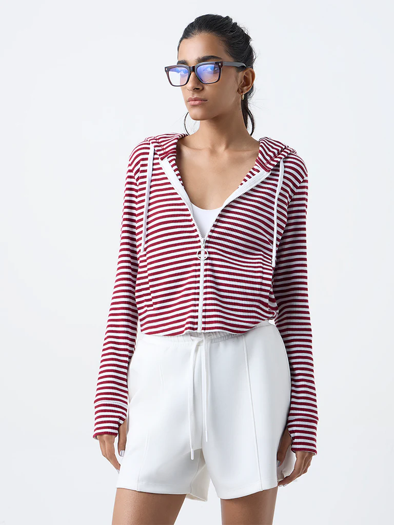Studiofit Maroon Striped Hooded Jacket