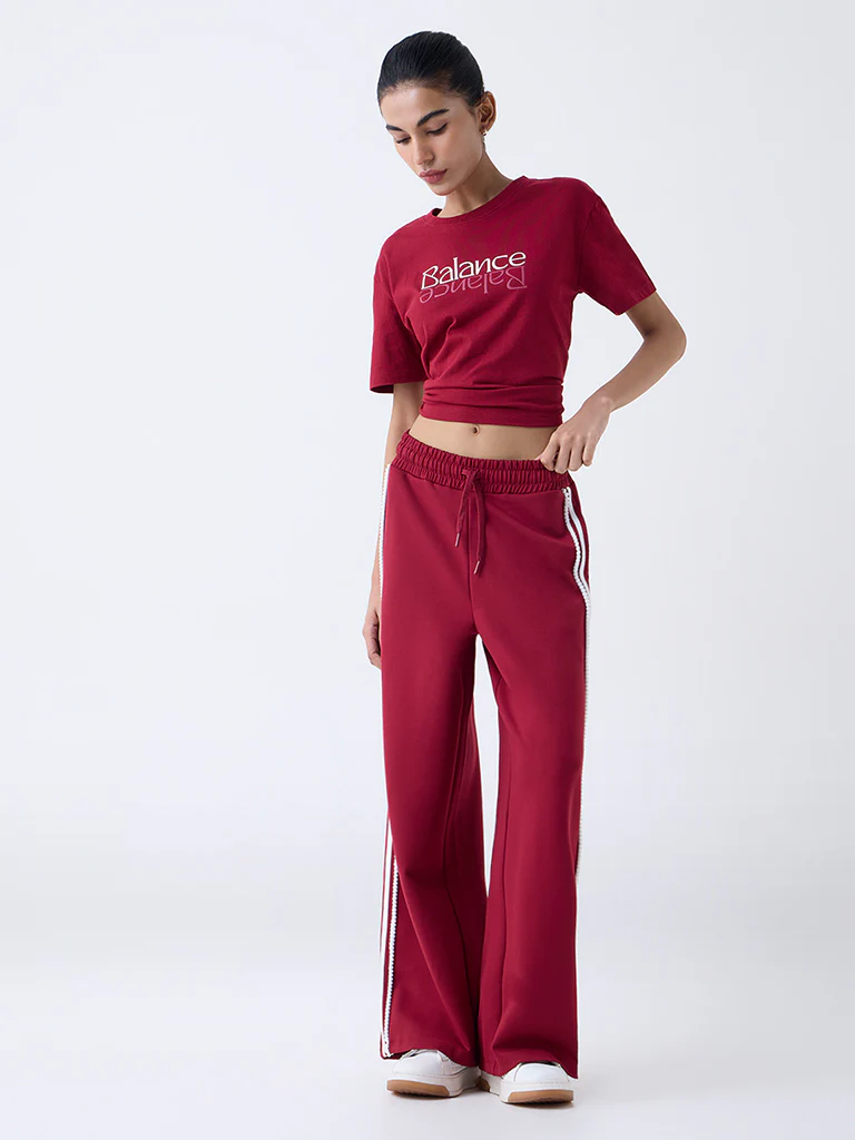 Studiofit Maroon Text Pattern Cotton T-Shirt - Image 2