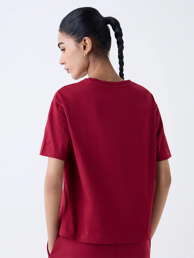 Studiofit Maroon Text Pattern Cotton T-Shirt - Image 4