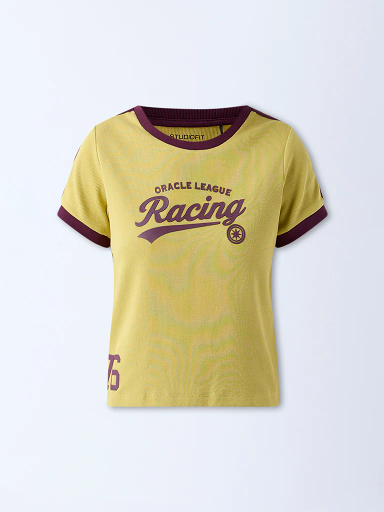 Studiofit Mustard Typographic Cotton-Blend T-Shirt - Image 5
