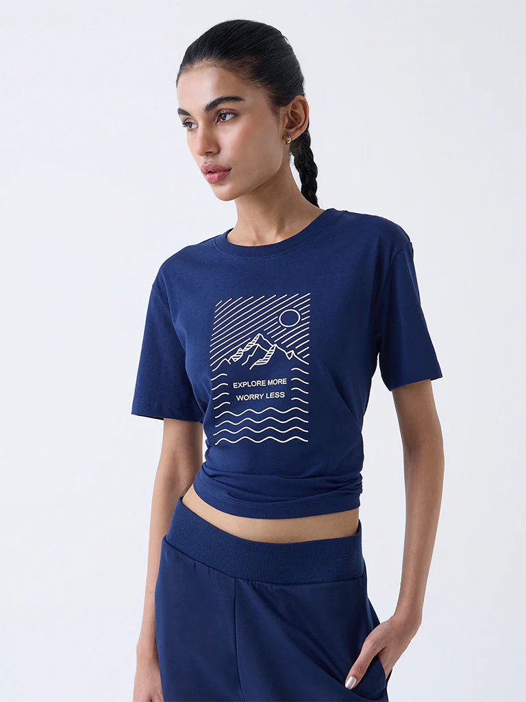 Studiofit Navy Graphic Printed Cotton T-Shirt