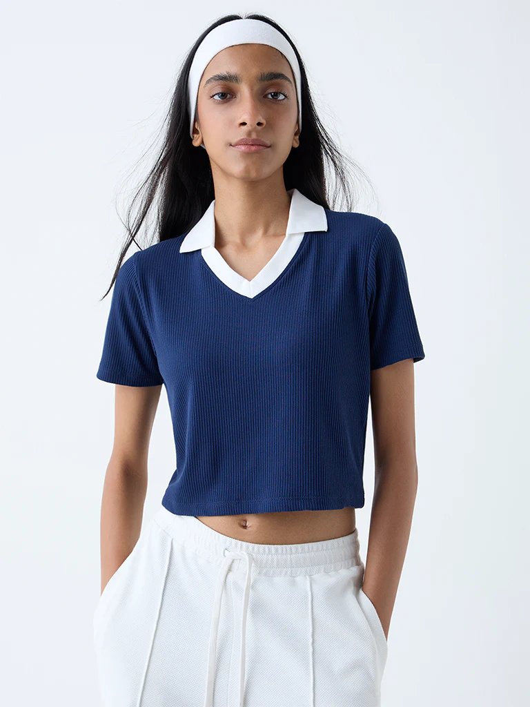 Studiofit Navy Ribbed-Textured T-Shirt - Image 2