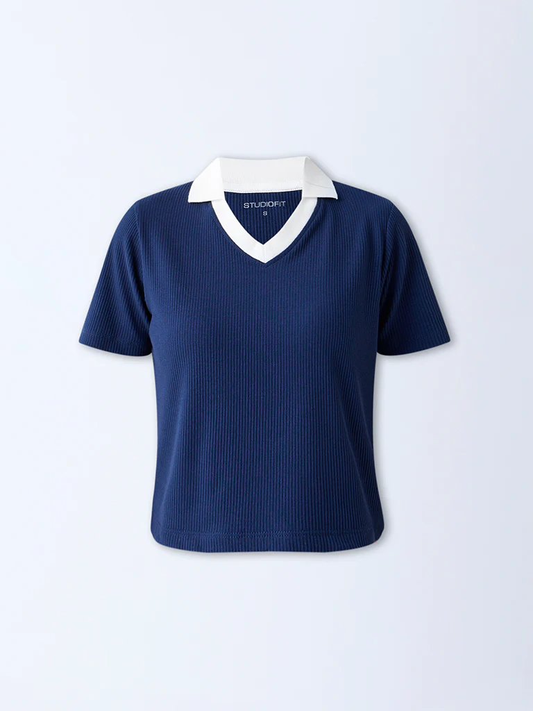 Studiofit Navy Ribbed-Textured T-Shirt - Image 5