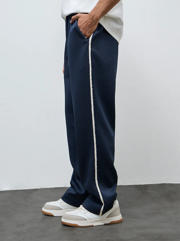 Studiofit Navy Striped Detailed Relaxed-Fit Mid-Rise Track Pants - Image 2