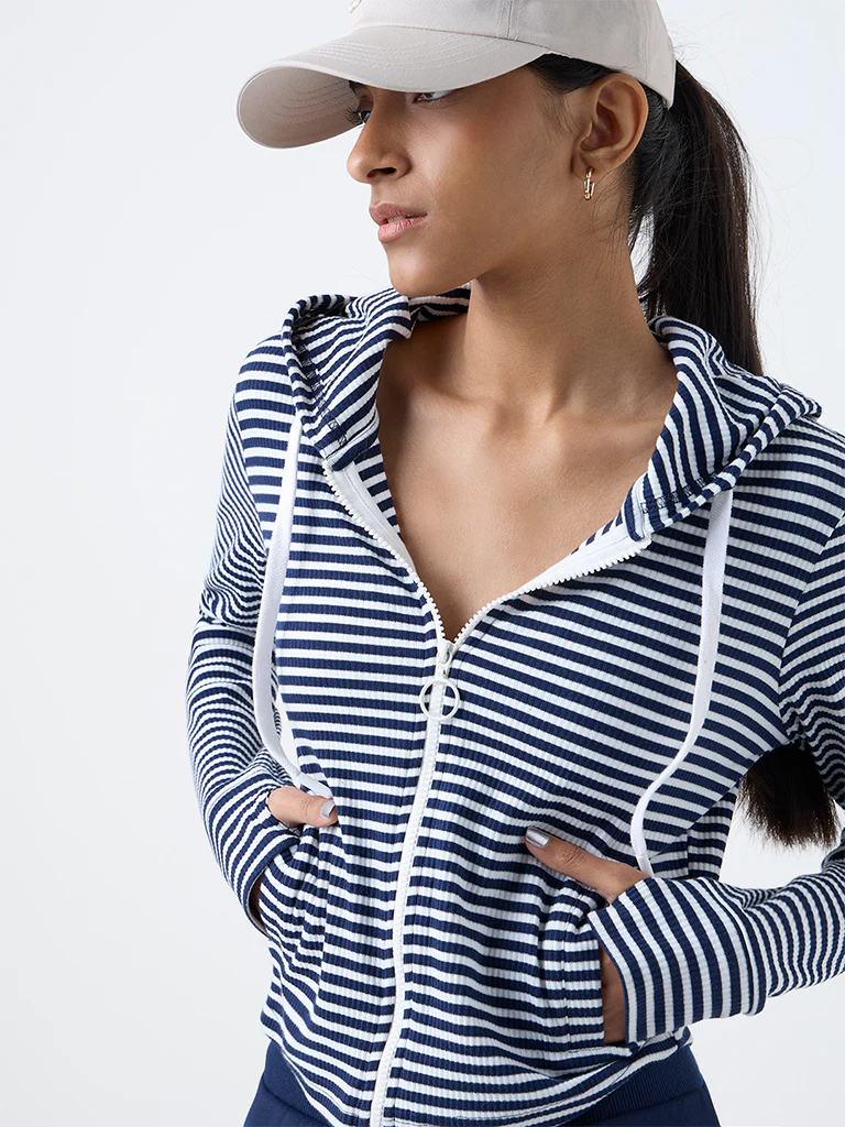Studiofit Navy Striped Hooded Jacket - Image 3