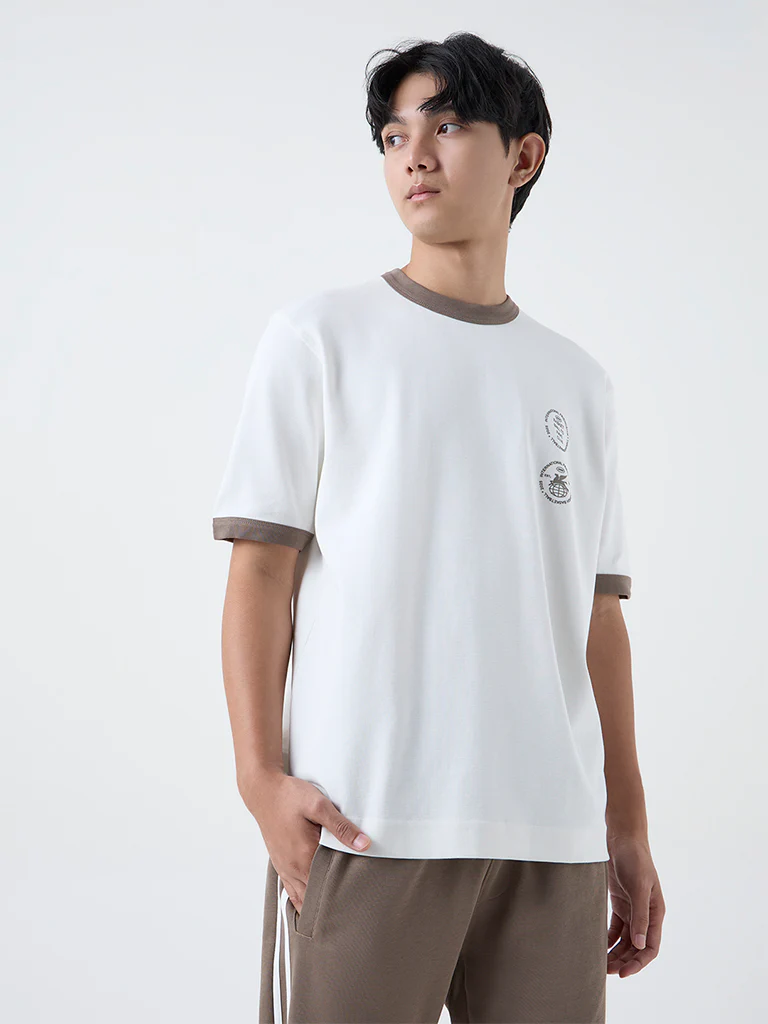 Studiofit Off-White Printed Relaxed-Fit Cotton-Blend T-Shirt