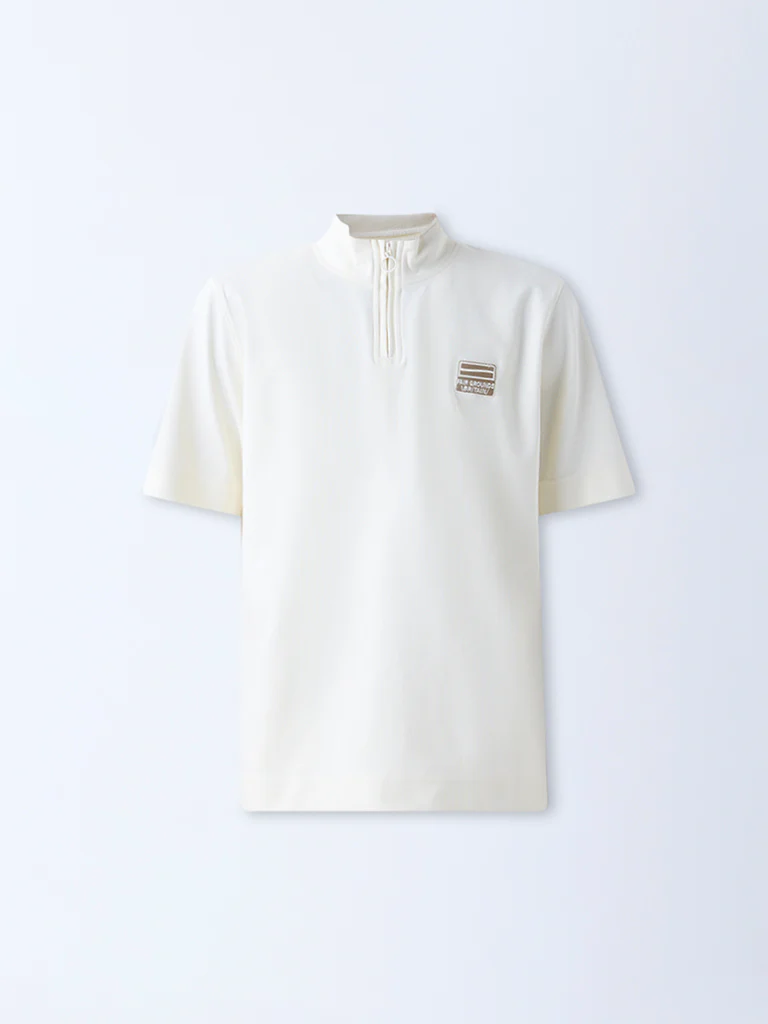 Studiofit Off-White Quarter-Zip Relaxed-Fit Cotton-Blend T-Shirt - Image 6