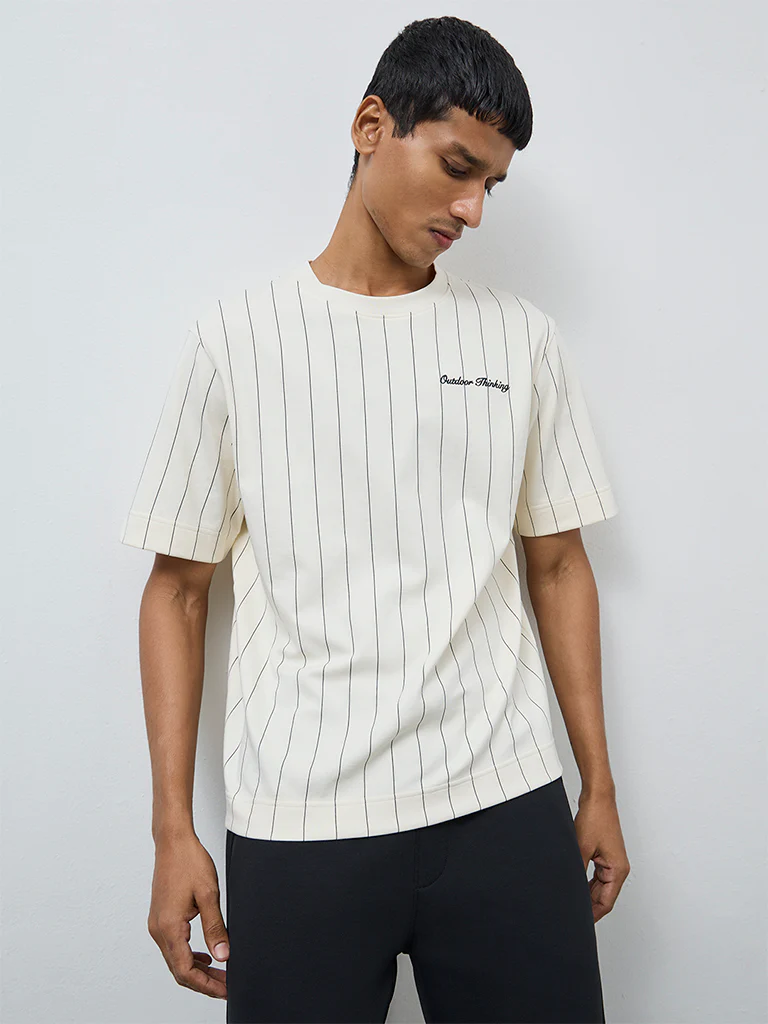 Studiofit Off-White Striped Pattern Relaxed-Fit Cotton-Blend T-Shirt - Image 3