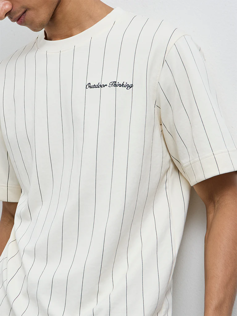Studiofit Off-White Striped Pattern Relaxed-Fit Cotton-Blend T-Shirt - Image 4