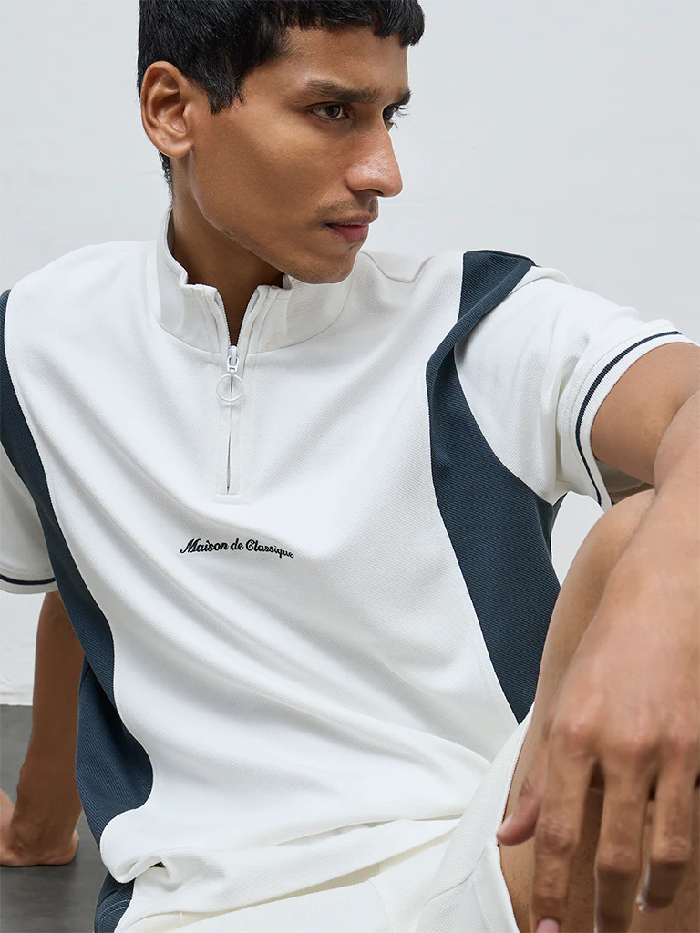 Studiofit Off-White Text Design Quarter-Zip Slim-Fit Cotton-Blend T-Shirt - Image 3