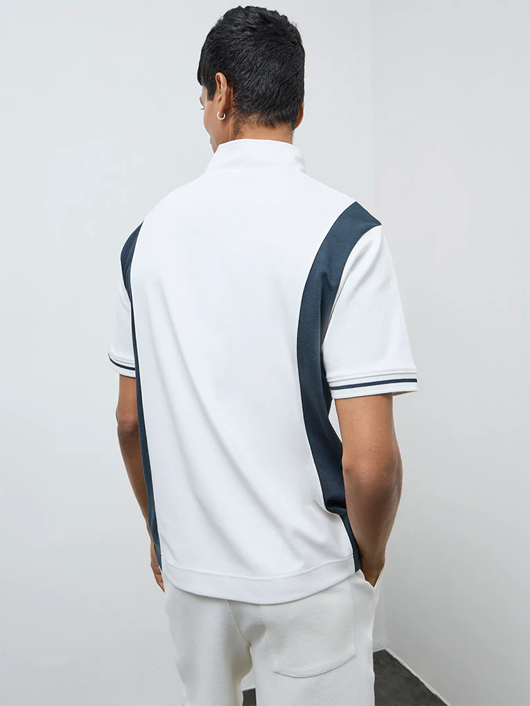 Studiofit Off-White Text Design Quarter-Zip Slim-Fit Cotton-Blend T-Shirt - Image 5