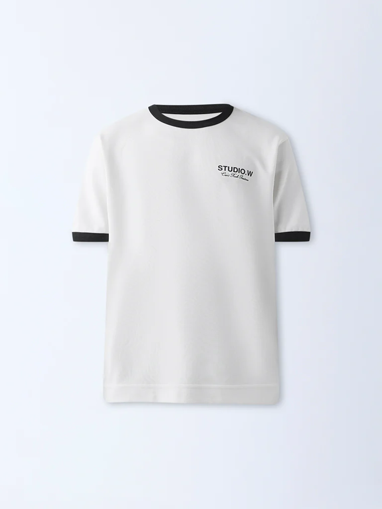 Studiofit Off-White Text Design Relaxed-Fit Cotton-Blend T-Shirt - Image 5
