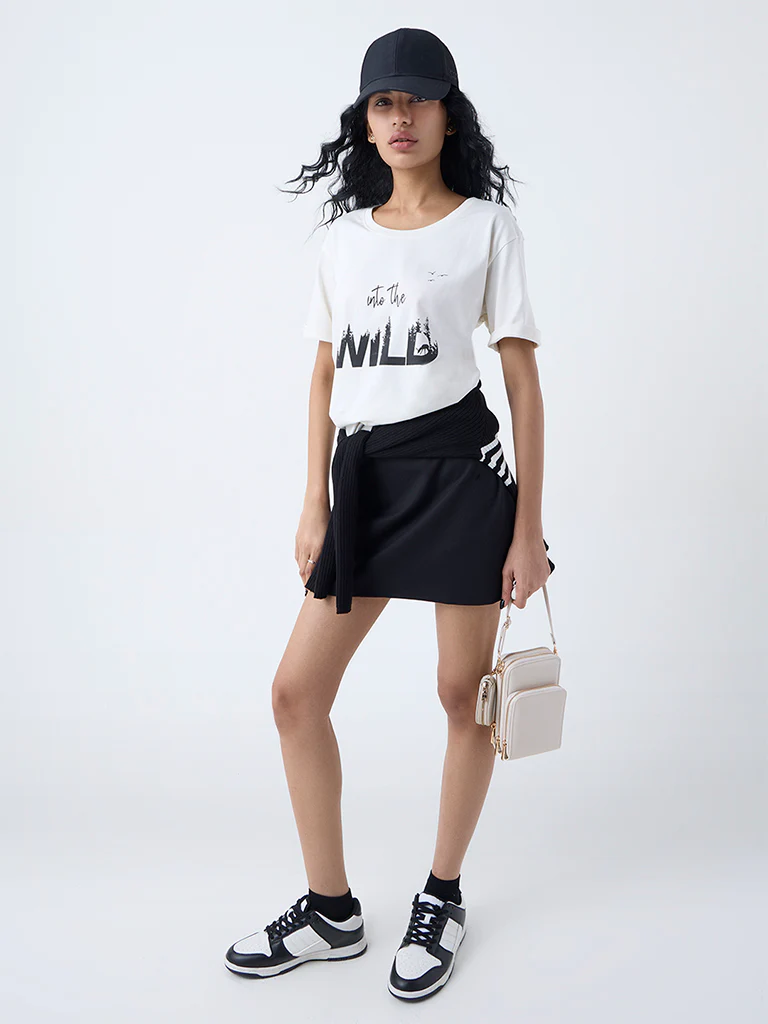Studiofit Off-White Text Printed Cotton T-Shirt - Image 2