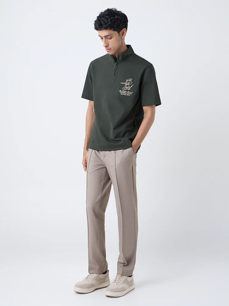Studiofit Olive Relaxed-Fit Quarter-Zip T-Shirt - Image 3