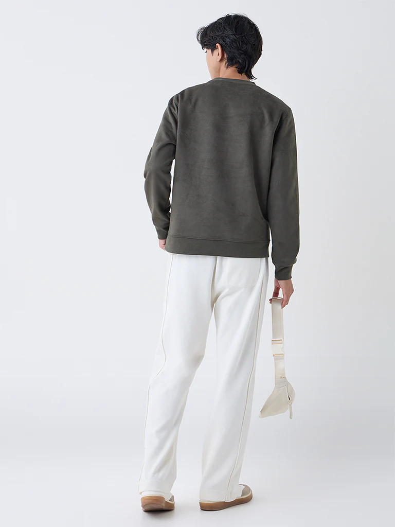 Studiofit Olive Solid Relaxed-Fit Suede Sweatshirt - Image 5