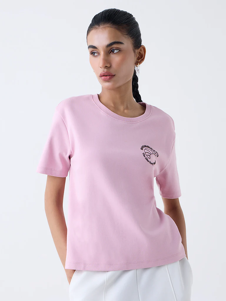 Studiofit Pink Printed Cotton T-Shirt