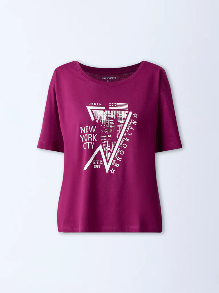 Studiofit Plum Cityscape-Inspired Cotton T-Shirt - Image 5