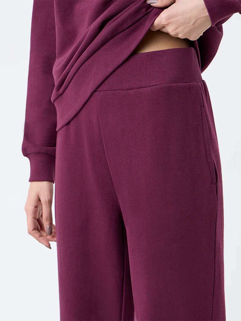 Studiofit Plum Solid High-Rise Cotton Pants - Image 3