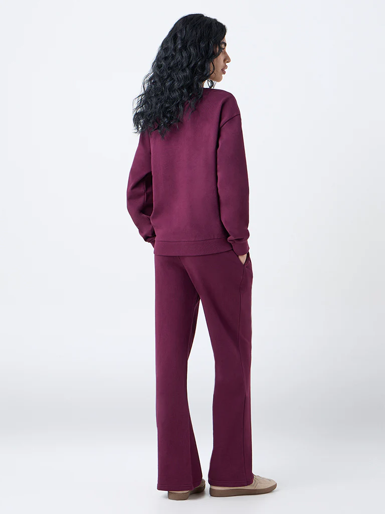Studiofit Plum Solid High-Rise Cotton Pants - Image 4