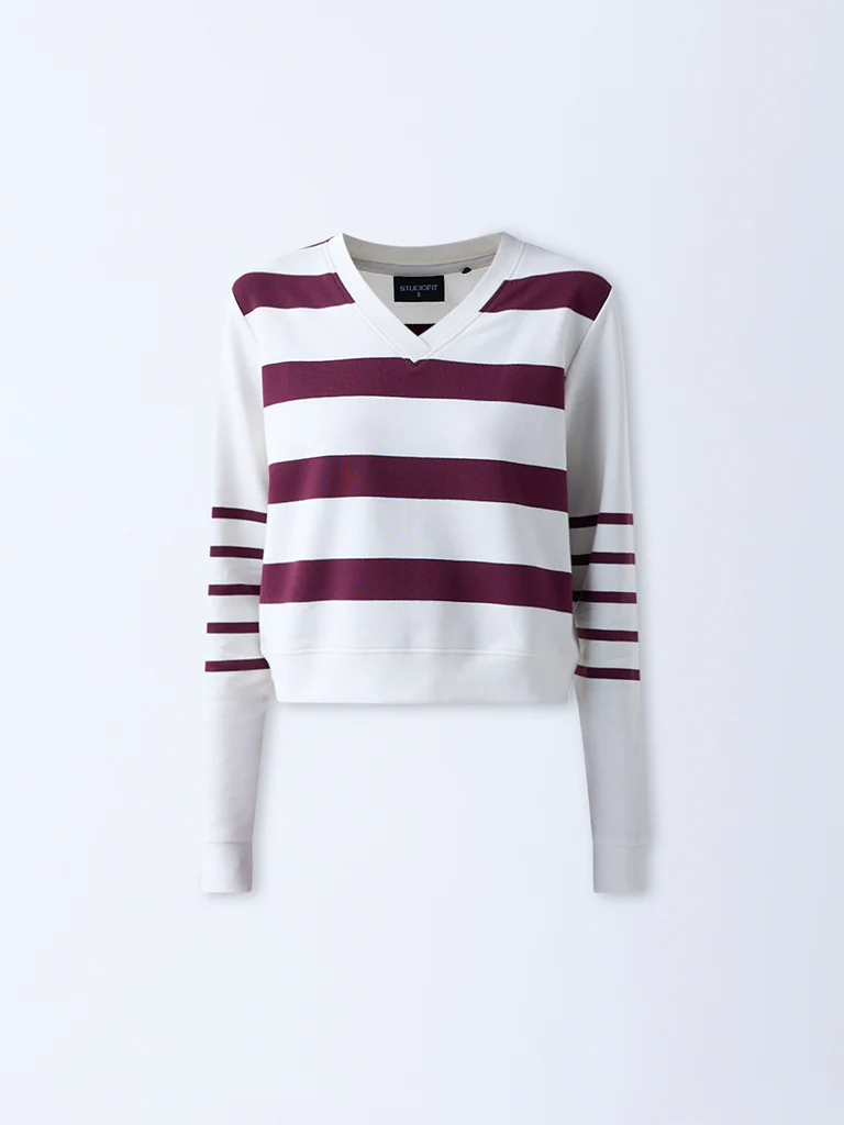 Studiofit Plum Striped Cotton-Blend T-Shirt - Image 5