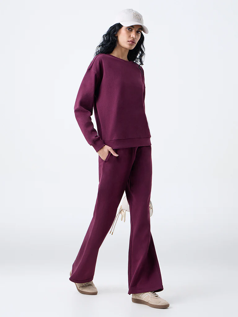 Studiofit Plum Text Design Cotton Sweatshirt - Image 2
