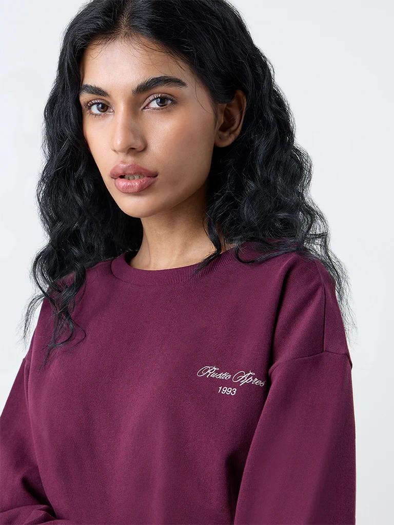 Studiofit Plum Text Design Cotton Sweatshirt - Image 3