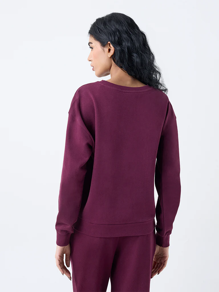 Studiofit Plum Text Design Cotton Sweatshirt - Image 4