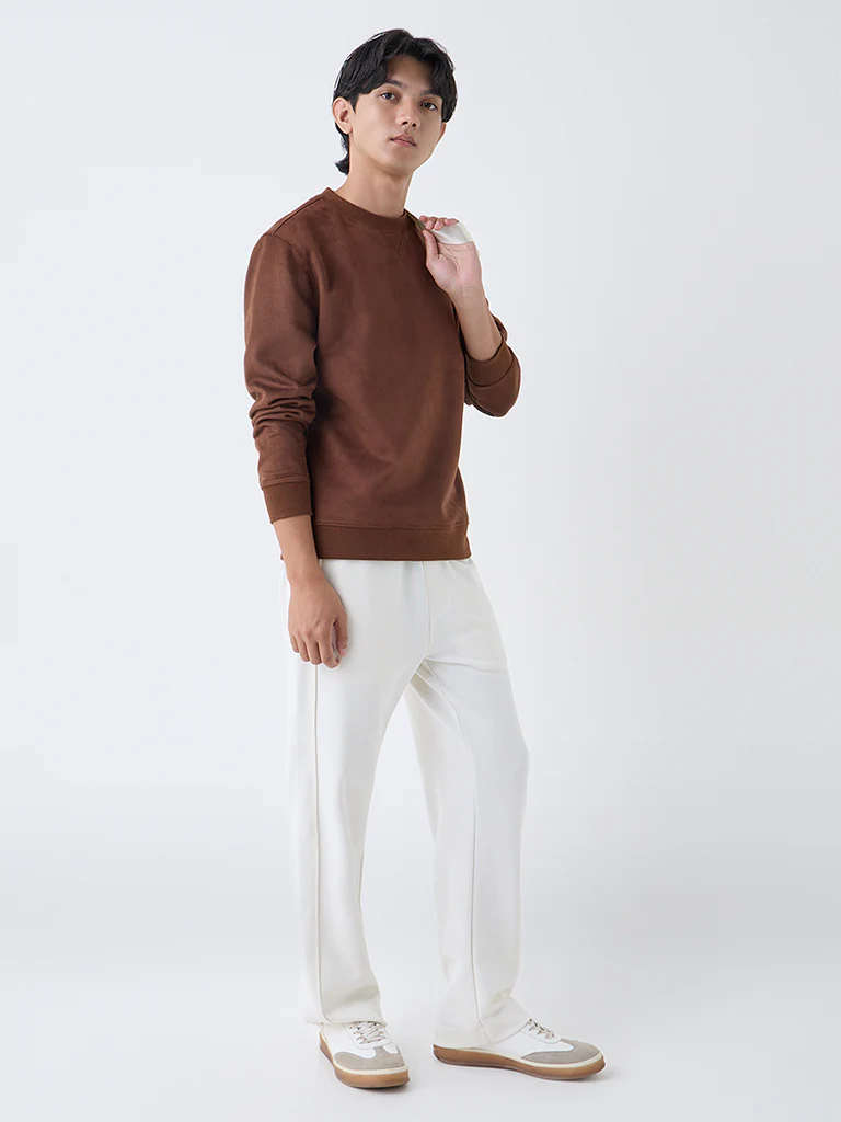 Studiofit Tan Solid Relaxed-Fit Suede Sweatshirt - Image 3