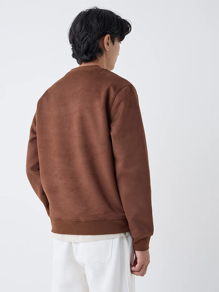 Studiofit Tan Solid Relaxed-Fit Suede Sweatshirt - Image 5