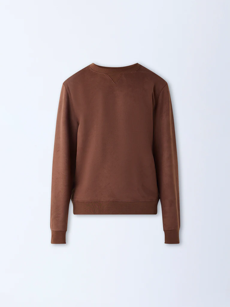 Studiofit Tan Solid Relaxed-Fit Suede Sweatshirt - Image 6