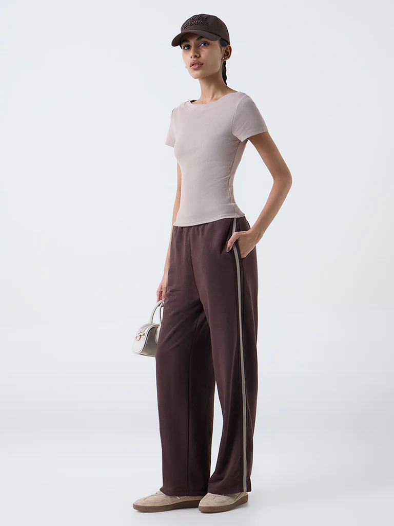 Studiofit Taupe Ribbed-Textured Cotton-Blend T-Shirt - Image 2